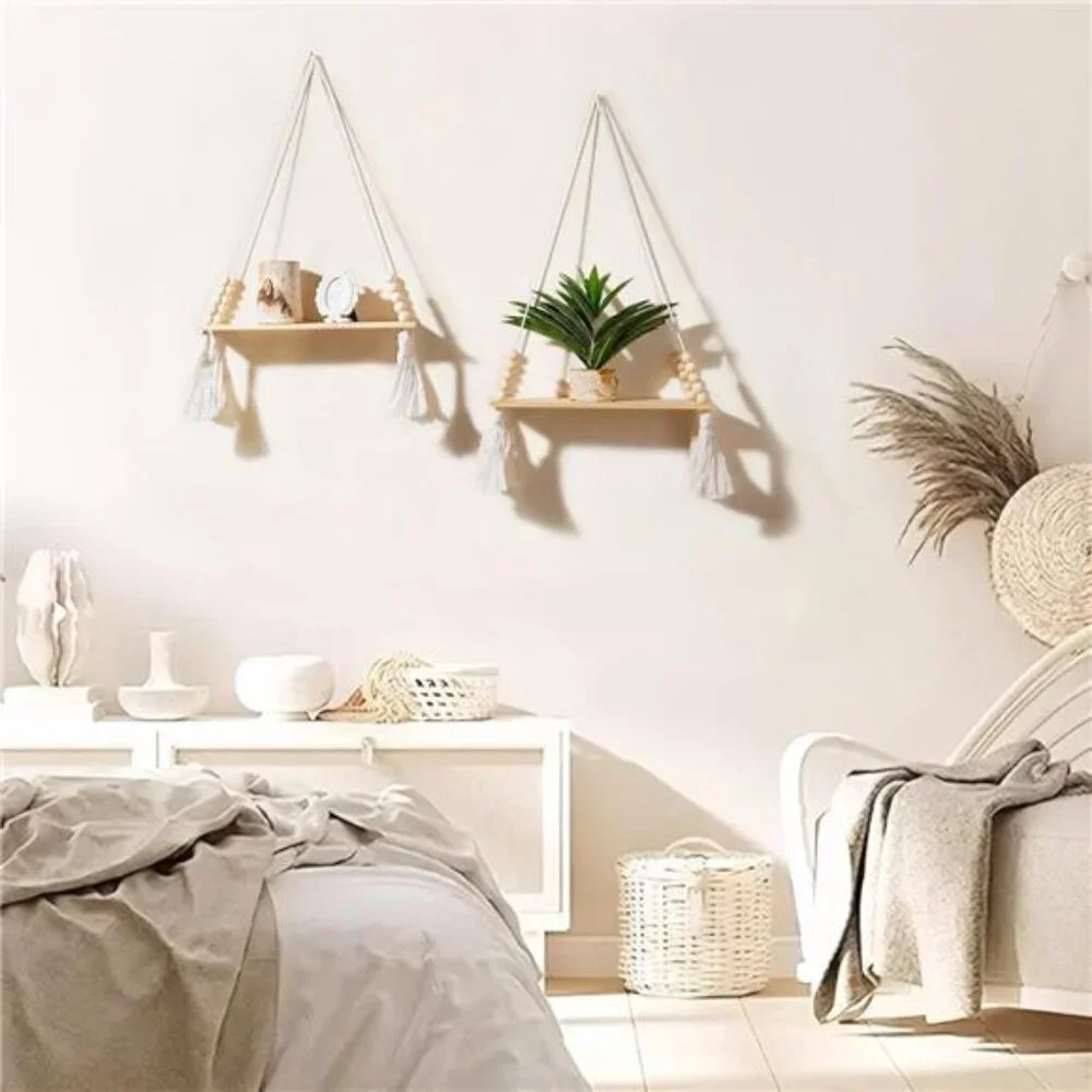 2 Pack Wooden Wall Hanging Shelves - Macrame Hanging Plant Shelf with Tassel